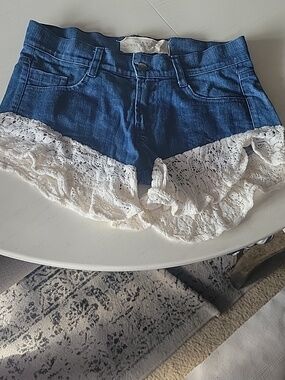 Jen's Pirate Booty Blue Denim Shorts with  Crochet Hem